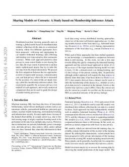 Sharing Models or Coresets: A Study based on Membership Inference Attack