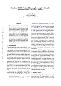 Continual BERT: Continual Learning for Adaptive Extractive Summarization
  of COVID-19 Literature