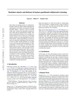 Backdoor attacks and defenses in feature-partitioned collaborative
  learning
