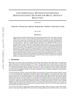 Low-dimensional Manifold Constrained Disentanglement Network for Metal
  Artifact Reduction