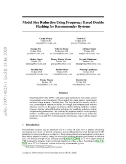 Model Size Reduction Using Frequency Based Double Hashing for
  Recommender Systems