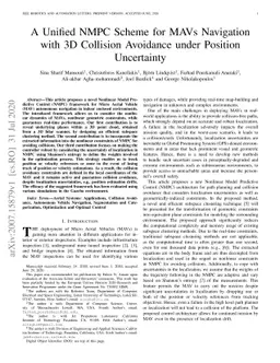 A Unified NMPC Scheme for MAVs Navigation with 3D Collision Avoidance
  under Position Uncertainty