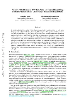Voice@SRIB at SemEval-2020 Task 9 and 12: Stacked Ensembling method for
  Sentiment and Offensiveness detection in Social Media