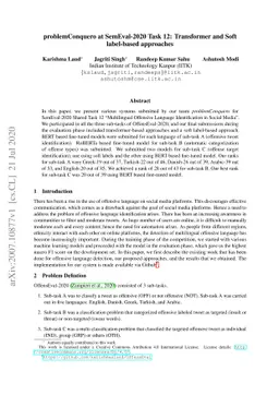 problemConquero at SemEval-2020 Task 12: Transformer and Soft
  label-based approaches