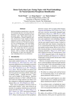 Better Early than Late: Fusing Topics with Word Embeddings for Neural
  Question Paraphrase Identification