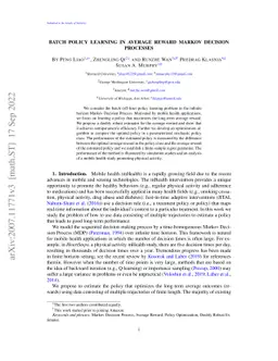 Batch Policy Learning in Average Reward Markov Decision Processes