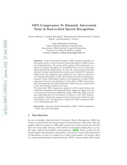 MP3 Compression To Diminish Adversarial Noise in End-to-End Speech
  Recognition
