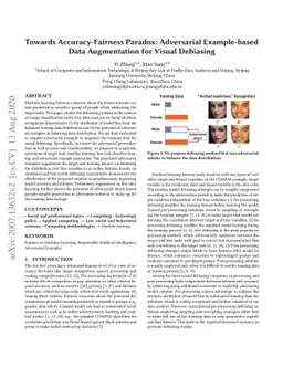 Towards Accuracy-Fairness Paradox: Adversarial Example-based Data
  Augmentation for Visual Debiasing
