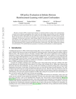 Off-policy Evaluation in Infinite-Horizon Reinforcement Learning with
  Latent Confounders