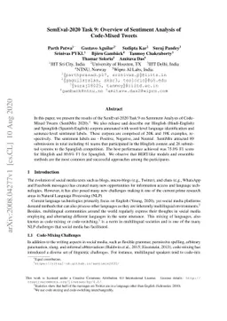 SemEval-2020 Task 9: Overview of Sentiment Analysis of Code-Mixed Tweets