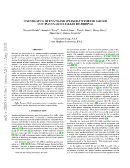 Investigation of End-To-End Speaker-Attributed ASR for Continuous
  Multi-Talker Recordings