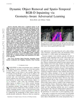 Dynamic Object Removal and Spatio-Temporal RGB-D Inpainting via
  Geometry-Aware Adversarial Learning