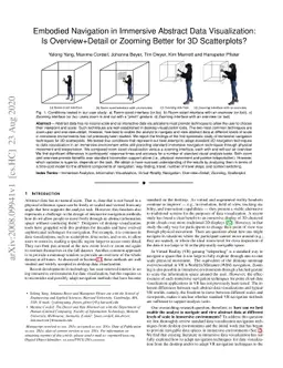 Embodied Navigation in Immersive Abstract Data Visualization: Is
  Overview+Detail or Zooming Better for 3D Scatterplots?