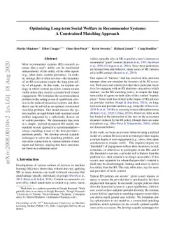 Optimizing Long-term Social Welfare in Recommender Systems: A
  Constrained Matching Approach