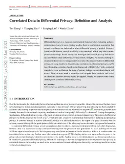 Correlated Data in Differential Privacy: Definition and Analysis