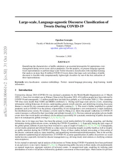 Large-scale, Language-agnostic Discourse Classification of Tweets During
  COVID-19