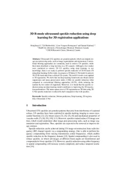 3D B-mode ultrasound speckle reduction using deep learning for 3D
  registration applications