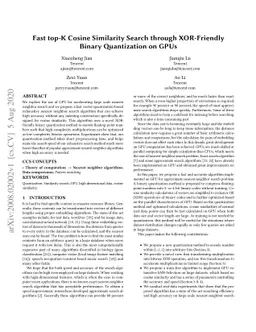 Fast top-K Cosine Similarity Search through XOR-Friendly Binary
  Quantization on GPUs