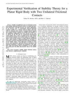 Experimental Verification of Stability Theory for a Planar Rigid Body
  with Two Unilateral Frictional Contacts