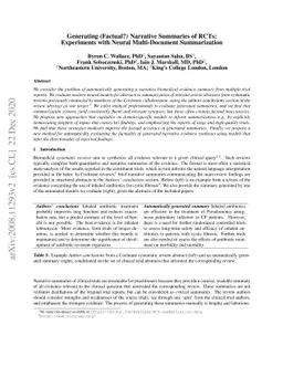Generating (Factual?) Narrative Summaries of RCTs: Experiments with
  Neural Multi-Document Summarization