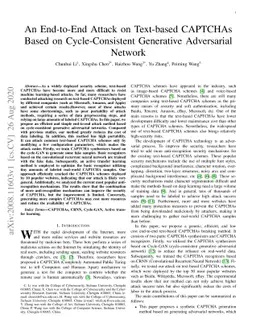 An End-to-End Attack on Text-based CAPTCHAs Based on Cycle-Consistent
  Generative Adversarial Network