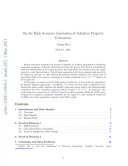 On the High Accuracy Limitation of Adaptive Property Estimation