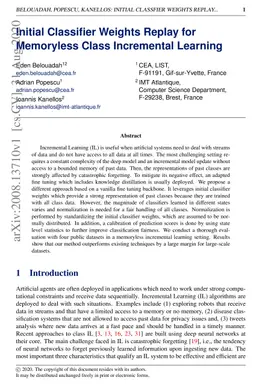Initial Classifier Weights Replay for Memoryless Class Incremental
  Learning