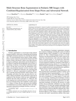 Multi-structure bone segmentation in pediatric MR images with combined
  regularization from shape priors and adversarial network