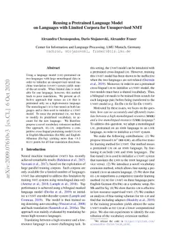 Reusing a Pretrained Language Model on Languages with Limited Corpora
  for Unsupervised NMT