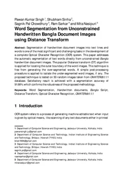 Word Segmentation from Unconstrained Handwritten Bangla Document Images
  using Distance Transform