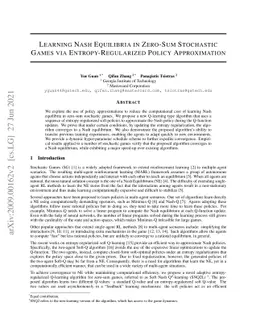 Learning Nash Equilibria in Zero-Sum Stochastic Games via
  Entropy-Regularized Policy Approximation