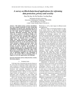 A survey on Blockchain-based applications for reforming data protection,
  privacy and security