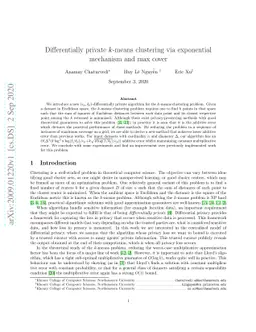 Differentially private $k$-means clustering via exponential mechanism
  and max cover