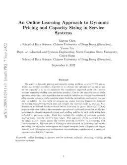 An online learning approach to dynamic pricing and capacity sizing in
  service systems