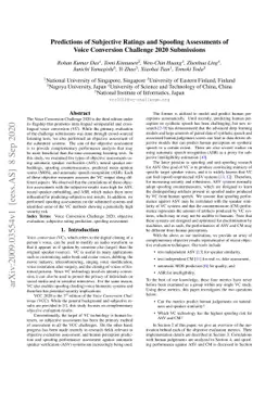Predictions of Subjective Ratings and Spoofing Assessments of Voice
  Conversion Challenge 2020 Submissions