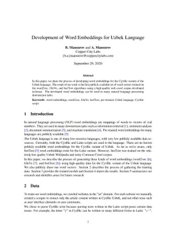 Development of Word Embeddings for Uzbek Language
