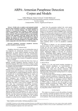 ARPA: Armenian Paraphrase Detection Corpus and Models