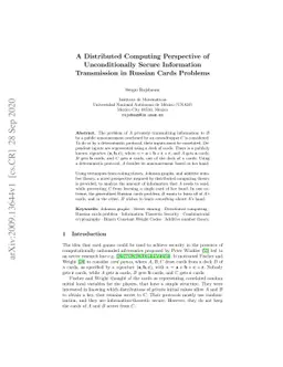 A Distributed Computing Perspective of Unconditionally Secure
  Information Transmission in Russian Cards Problems