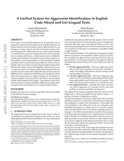 A Unified System for Aggression Identification in English Code-Mixed and
  Uni-Lingual Texts