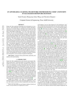 An adversarial learning framework for preserving users' anonymity in
  face-based emotion recognition