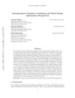 Learning Sparse Classifiers: Continuous and Mixed Integer Optimization
  Perspectives