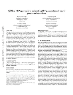 R2DE: a NLP approach to estimating IRT parameters of newly generated
  questions