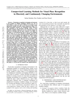 Unsupervised Learning Methods for Visual Place Recognition in Discretely
  and Continuously Changing Environments