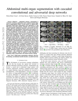 Abdominal multi-organ segmentation with cascaded convolutional and
  adversarial deep networks