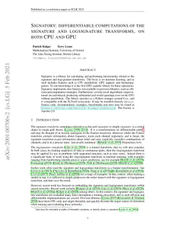 Signatory: differentiable computations of the signature and logsignature
  transforms, on both CPU and GPU
