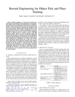 Reward Engineering for Object Pick and Place Training