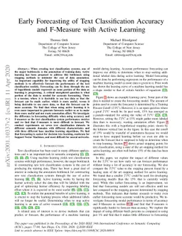 Early Forecasting of Text Classification Accuracy and F-Measure with
  Active Learning
