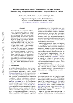 Performance Comparison of Crowdworkers and NLP Tools on Named-Entity
  Recognition and Sentiment Analysis of Political Tweets