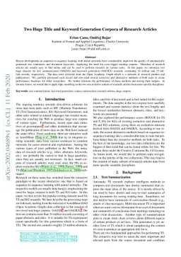 Two Huge Title and Keyword Generation Corpora of Research Articles