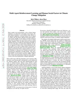 Multi-Agent Reinforcement Learning and Human Social Factors in Climate
  Change Mitigation